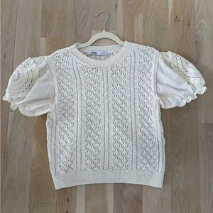 Zara Off-White Textured Crochet Knit Top with Puff Sleeves